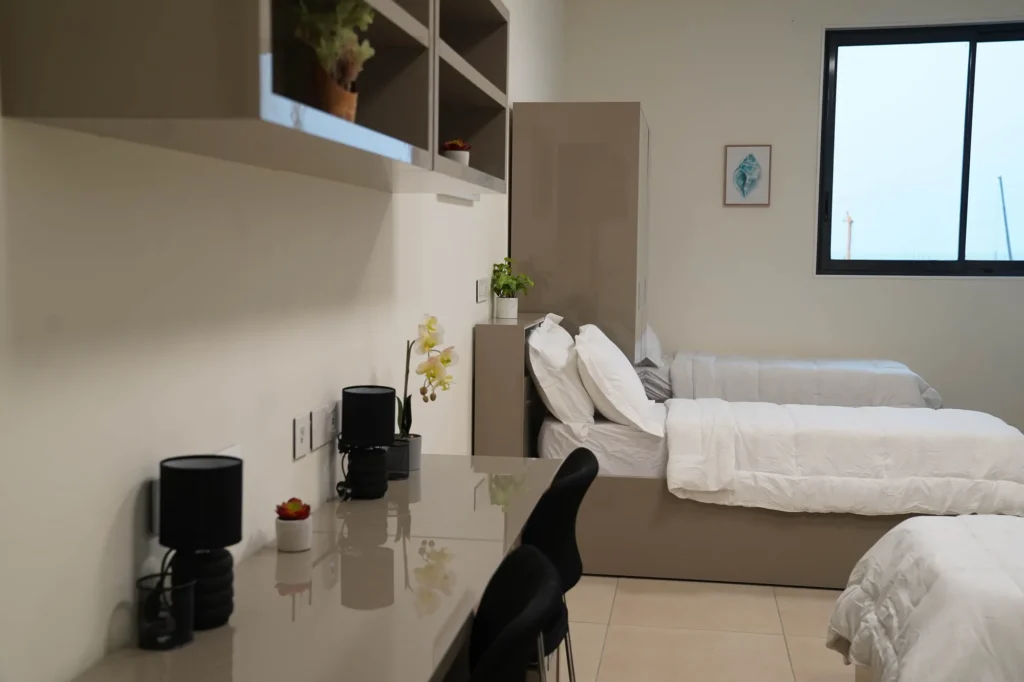 A Home Away from Home | Rugby School Nigeria A tidy, modern bedroom with two single beds, a desk with two chairs, black lamps, plants, shelves, and a window letting in natural light. The beds have white bed linen and the walls are cream coloured.