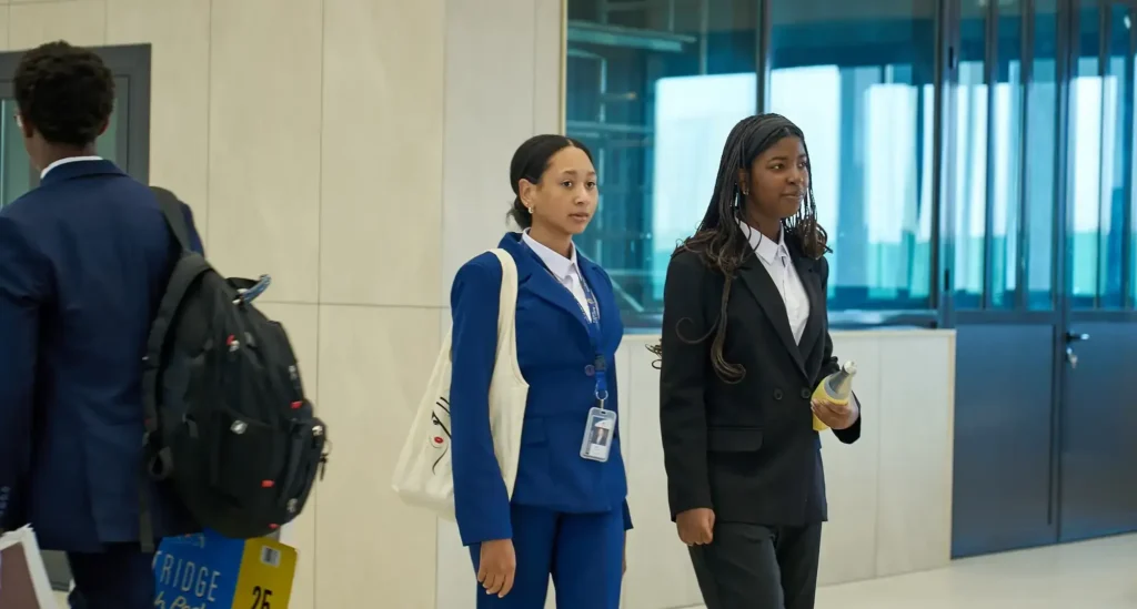 Two women in business attire stand in an office corridor, one holding a drink and the other carrying a tote bag. A man with a rucksack walks away in the background.