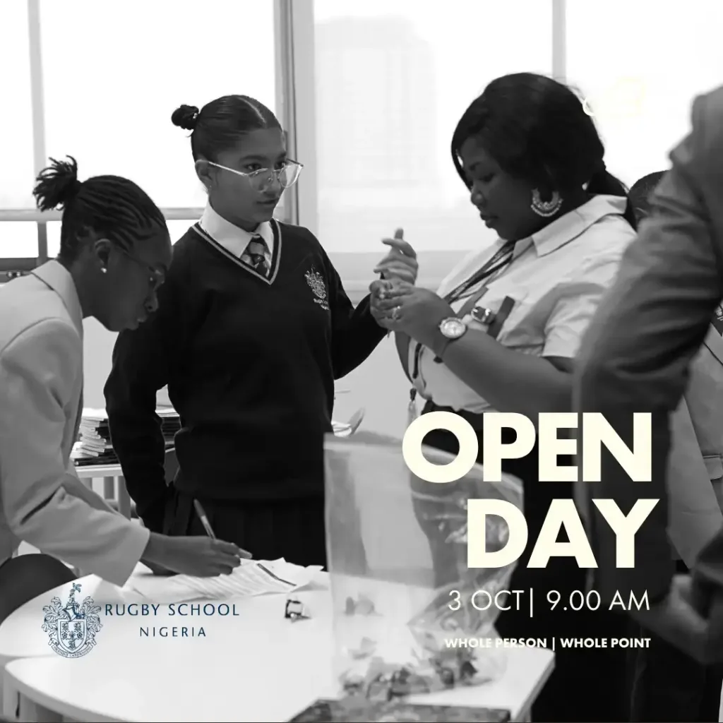 Four women in formal attire talk around a table with papers. Large text reads “OPEN DAY 3 OCT | 9.00 am.” Rugby School Nigeria logo is at the bottom left.
